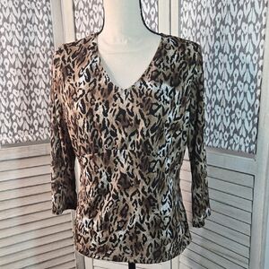 Alfani Brown Leopard Print V-Neck Blouse 3/4 Sleeve Sheer & Lined